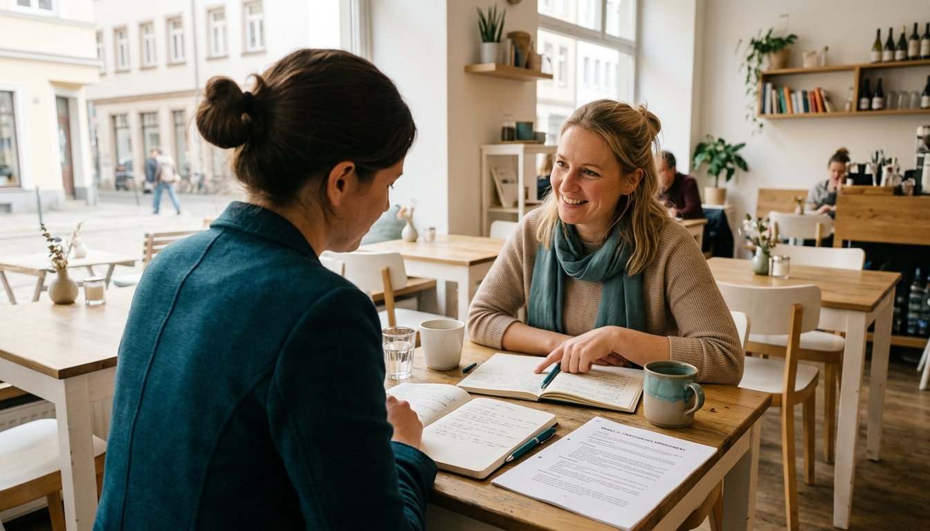 Zwei Fernstudierende vergleichen am Wochenende Notizen in einem Café