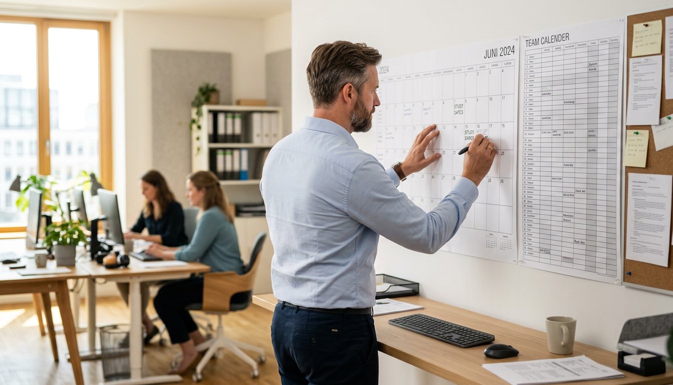 Berufstätiger trägt Prüfungstermine in einen Wandkalender im Büro ein