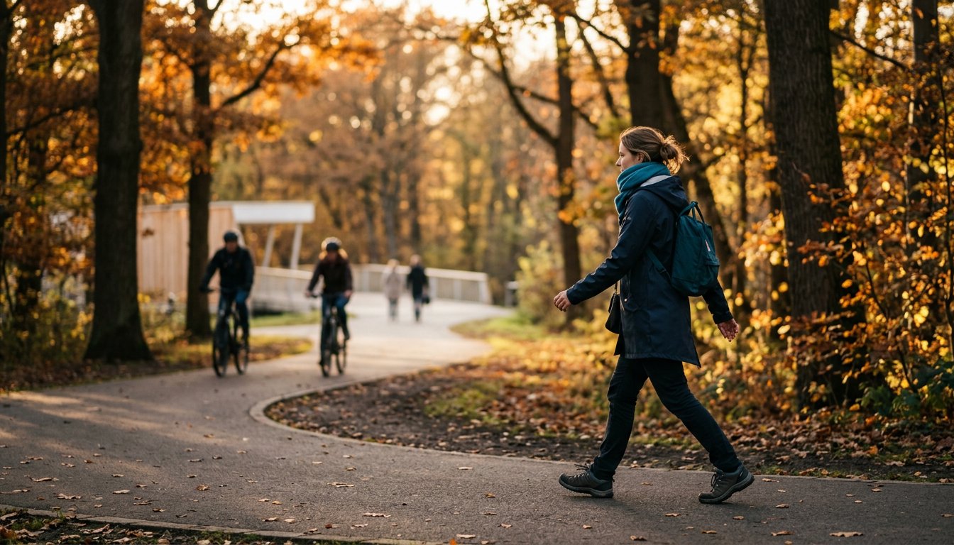 Frau macht nach der Arbeit einen Spaziergang im Park als Ausgleich zum Lernen