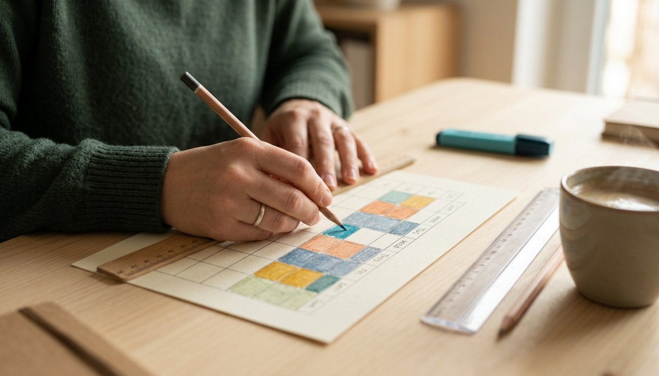 Handschriftlicher Wochenplan mit farbigen Blöcken für Arbeit, Studium, Familie und Erholung